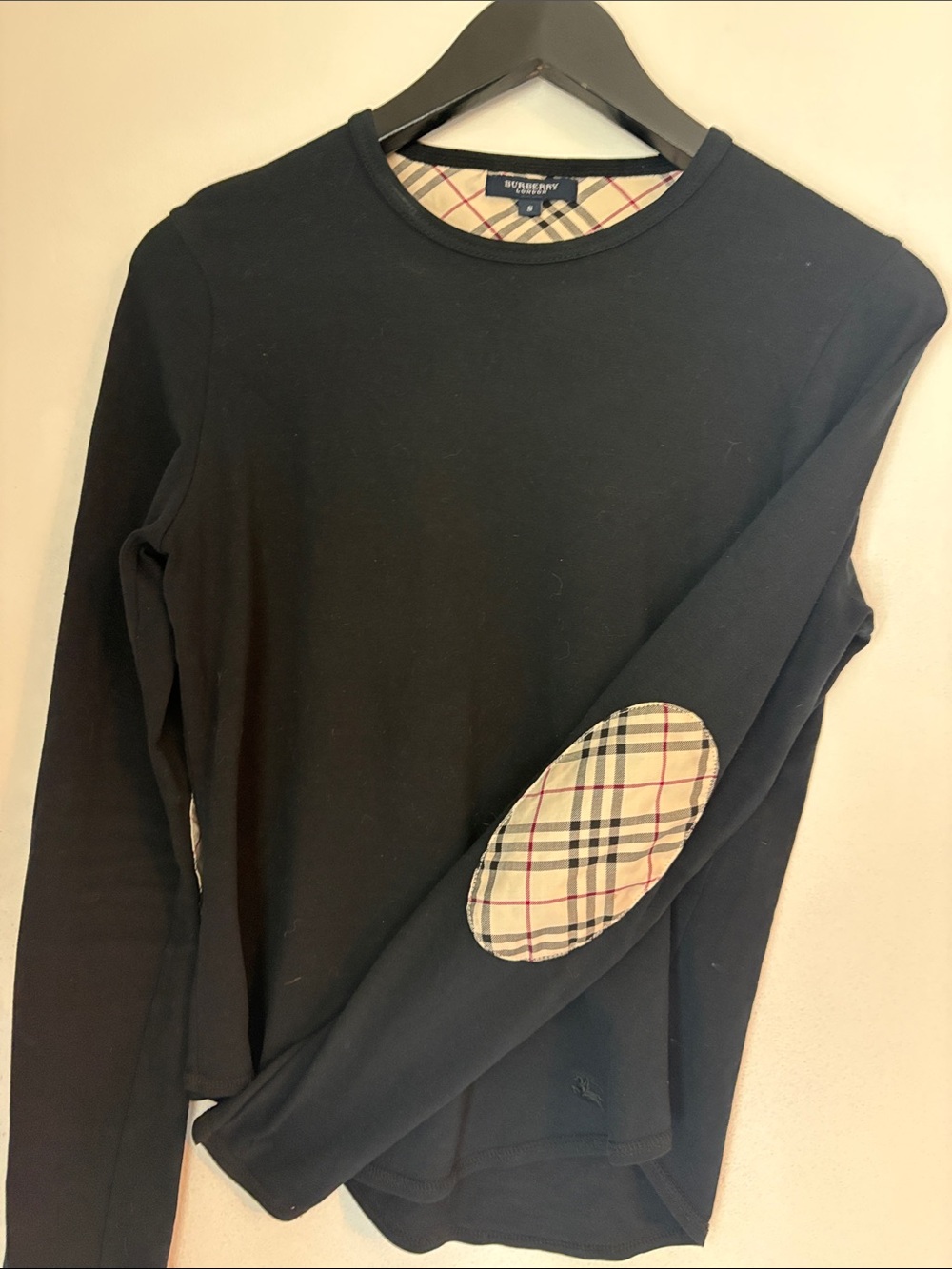 Burberry Black Long-Sleeve Crewneck with Signature Check Elbow Patch Small